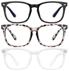 a photo of three pairs of blue light blocking glasses