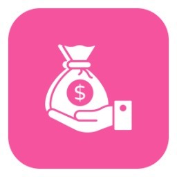 a pink icon with a bag of money
