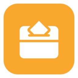 a white and orange icon with a white background