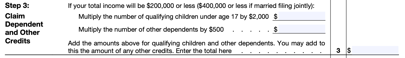 2023 W-4 form Step 3: Claim Dependent and Other Credits