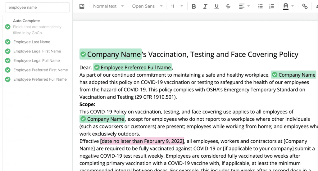 a screenshot of customizable fields in GoCo's document management software