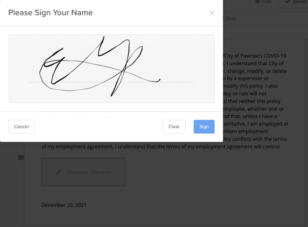 a screenshot of signing a document in GoCo's document management software