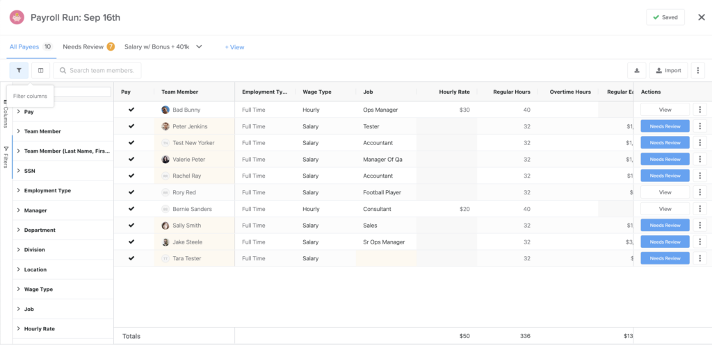 Payroll Grid Filters