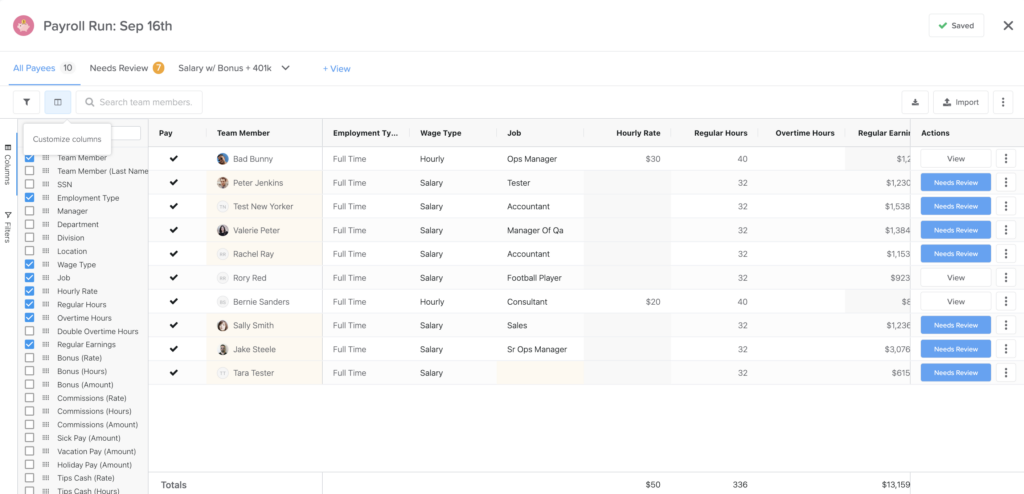 Customize Columns in Payroll Grid