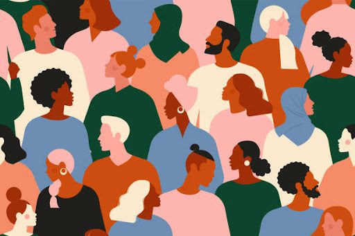 Crowd of young and elderly men and women in trendy hipster clothes. Diverse group of stylish people standing together. Society or population, social diversity. Flat cartoon vector illustration.