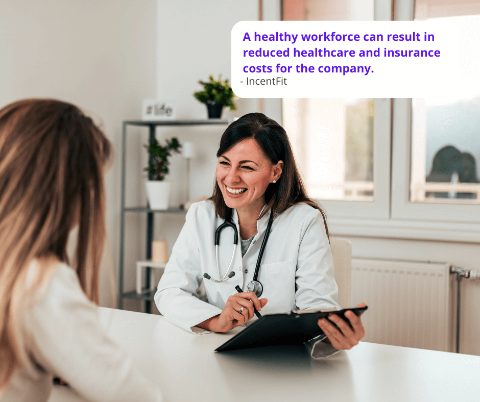 A remote worker getting good news during a doctor's office visit. IncentiFit says a healthy workforce can result in reduced healthcare and insurance costs for the company.