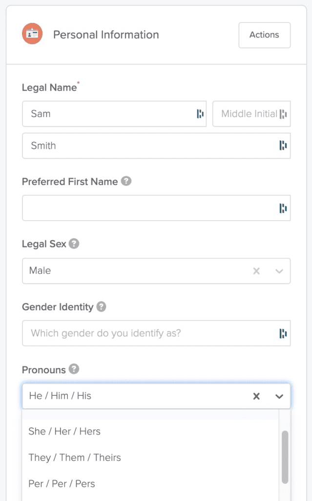 a screen shot ofan employee choosing their pronouns in GoCo