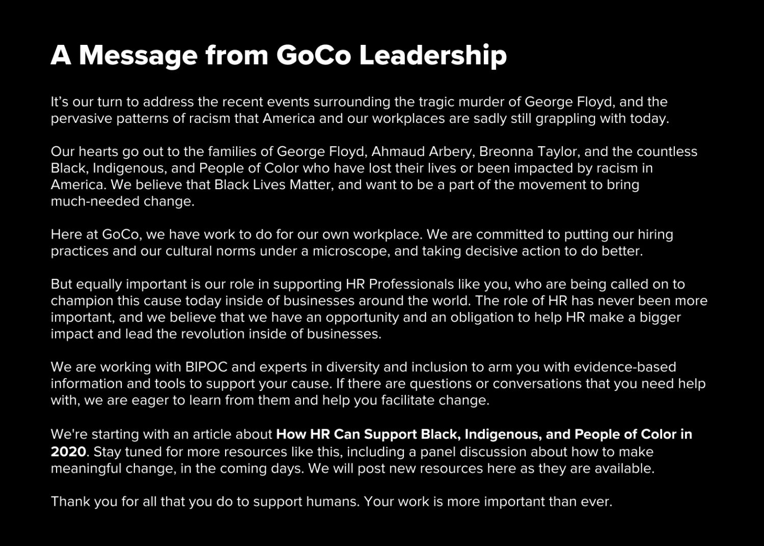 a message from GoCo leadership