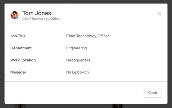 an employee listing in GoCo's org charts