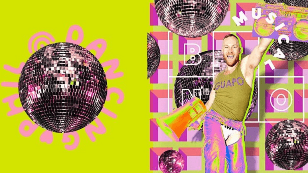 a disco ball over a musical bingo party