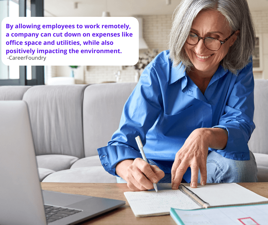 A happy employee smiling in front of a laptop while on a zoom call. According to CareerFoundry, by allowing employees to work remotely, a company can cut down on expenses like office space and utilities, while also positively impacting the environment