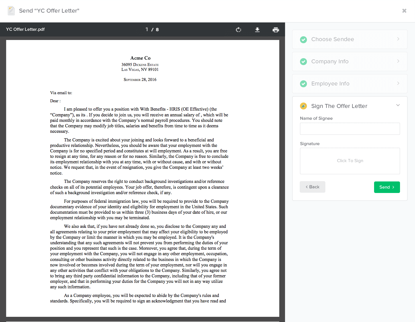 Sending a magic offer letter template with fields filled in.