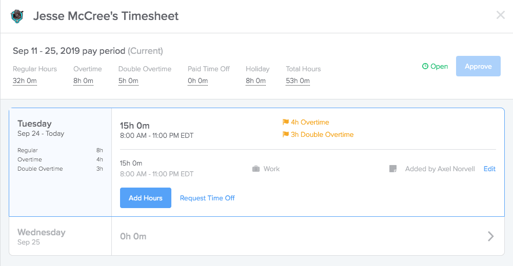 screenshot of an employee timesheet in GoCo
