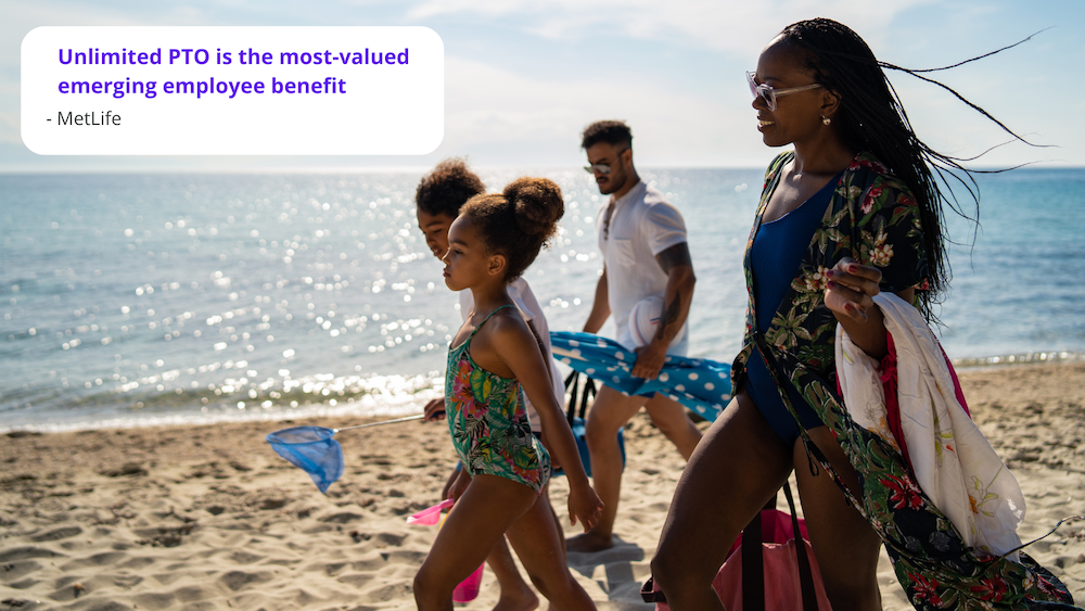 A family walking on the beach on vacation. Unlimited PTO is the most-valued emerging employee benefit according to MetLife