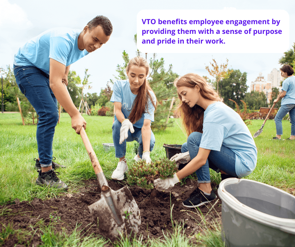 Three coworkers planting a tree together at a VTO event. VTO benefits employee engagement by providing them with a sense of purpose and pride in their work