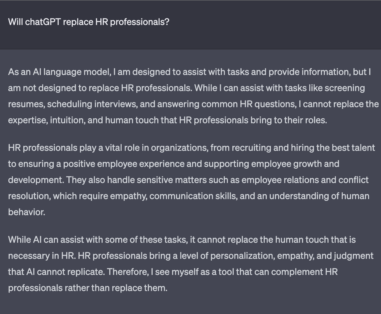 chatgpt comments on whether or not it will replace humans in hr