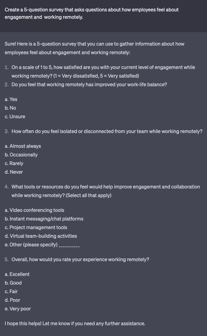 chatgpt writes an employee engagement survey