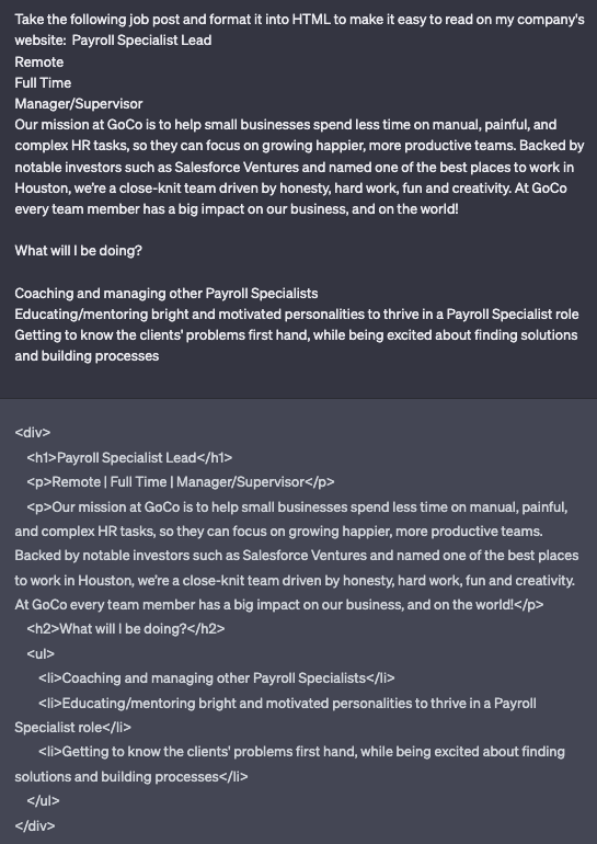 chatgpt converts a short job post into HTML format