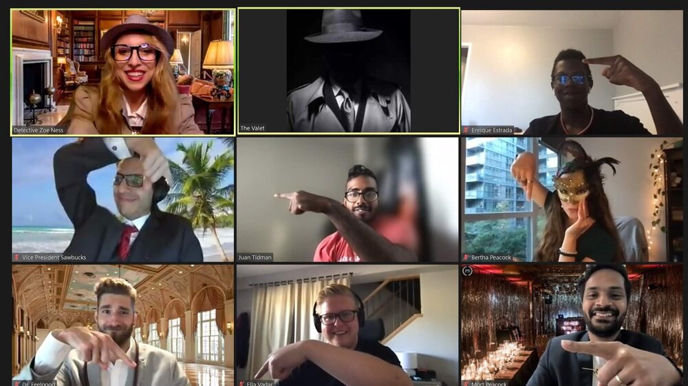 Team members participating in a virtual Murder Mystery