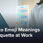 A woman working at a laptop, with an overlay of a chat conversation with various emojis