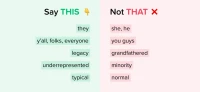 A chart showing non inclusive language and the inclusive alternative
