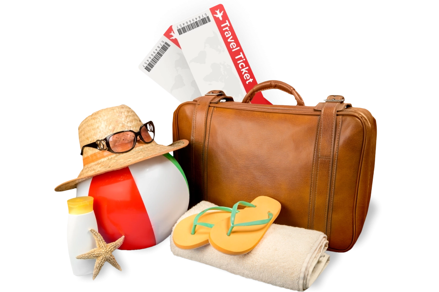 a suitcase, hat, sunglasses and a beach bag