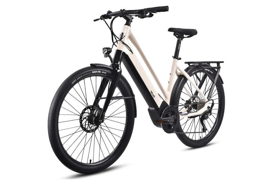 the electric bike with a white frame and black wheels